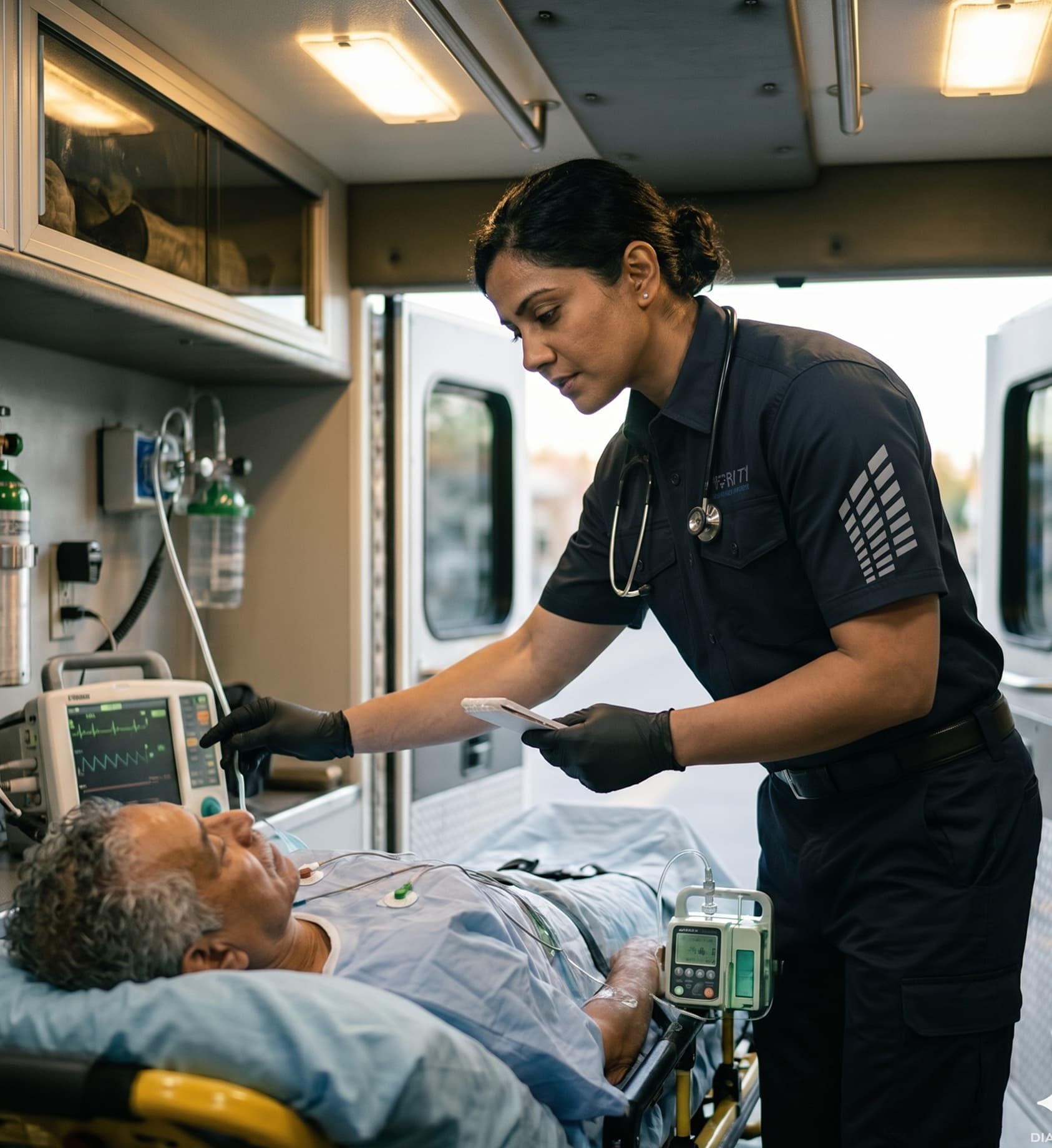 A paramedic-staffed Priority Ambulance Transfer team caring for a patient with cardiac monitoring during ALS transport.