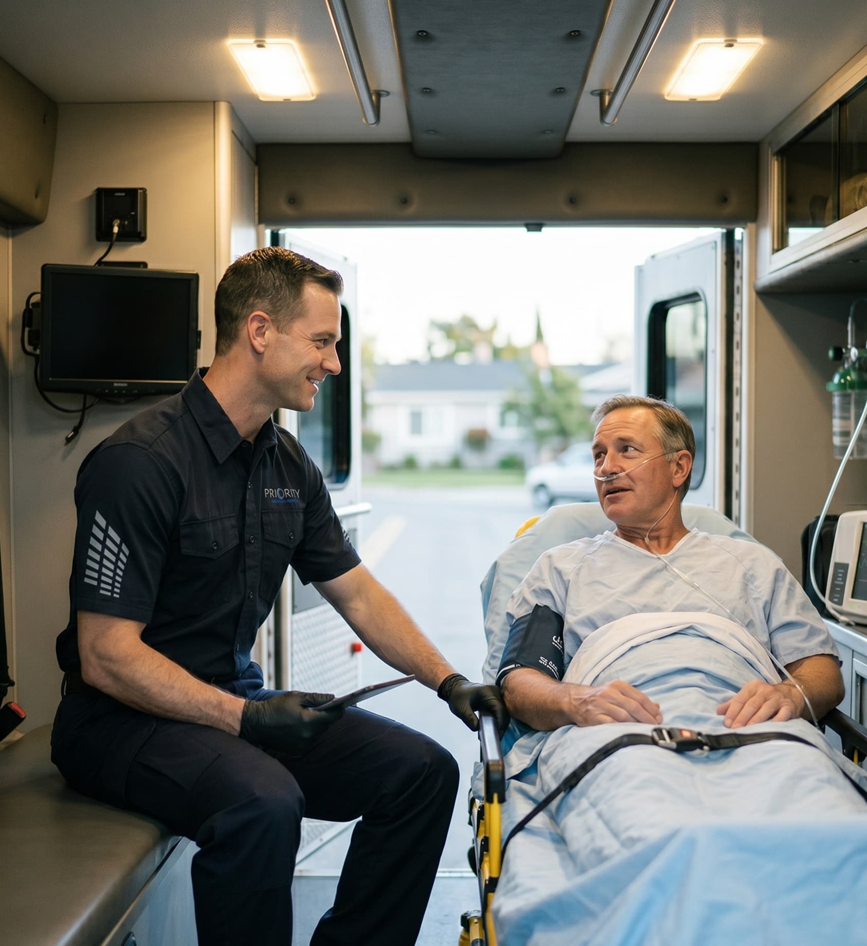 An EMT-staffed Priority Ambulance Transfer team caring for a patient in the back of an ambulance during BLS transport.