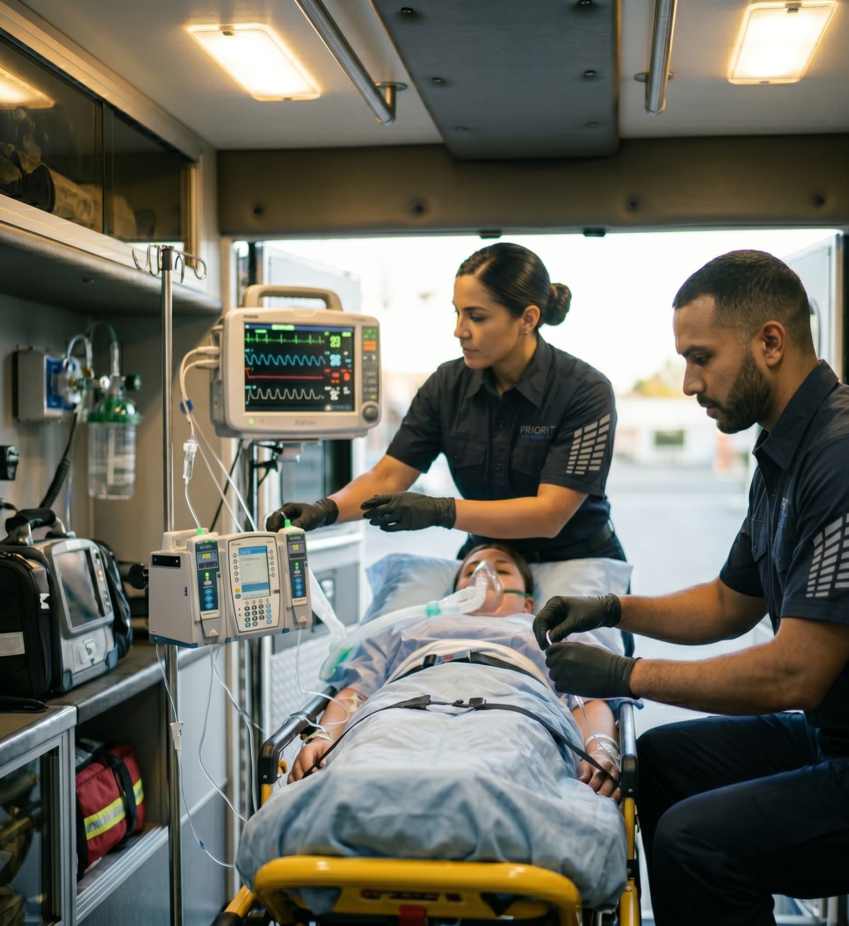 Critical care paramedics and registered nurses providing ICU-grade care during MICU transport.