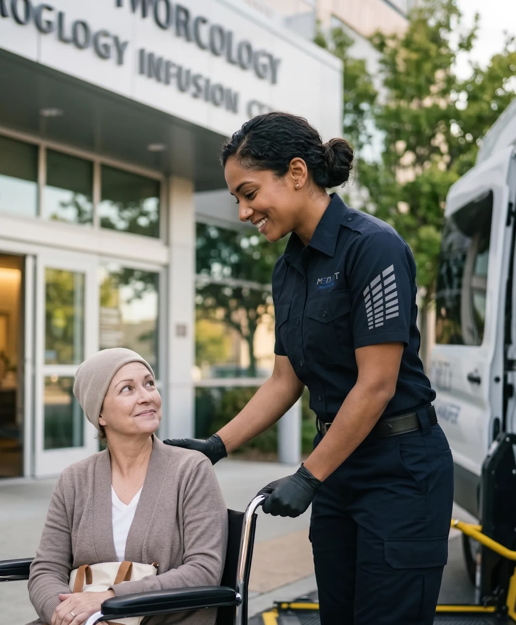 A patient being assisted into a Priority Ambulance Transfer vehicle for an oncology infusion appointment.
