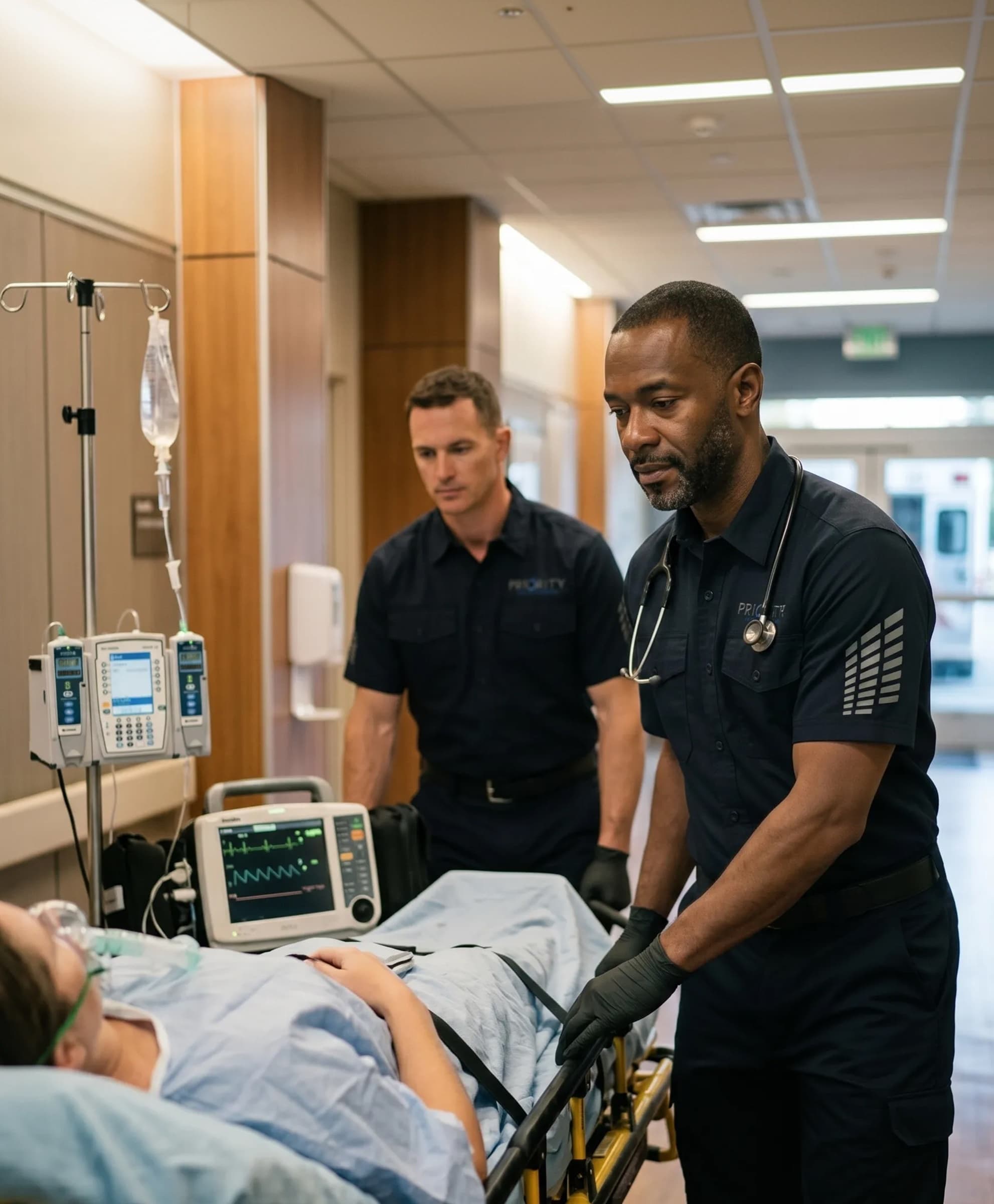 A patient with cardiac monitoring being prepared for an ICU-to-ICU transfer.