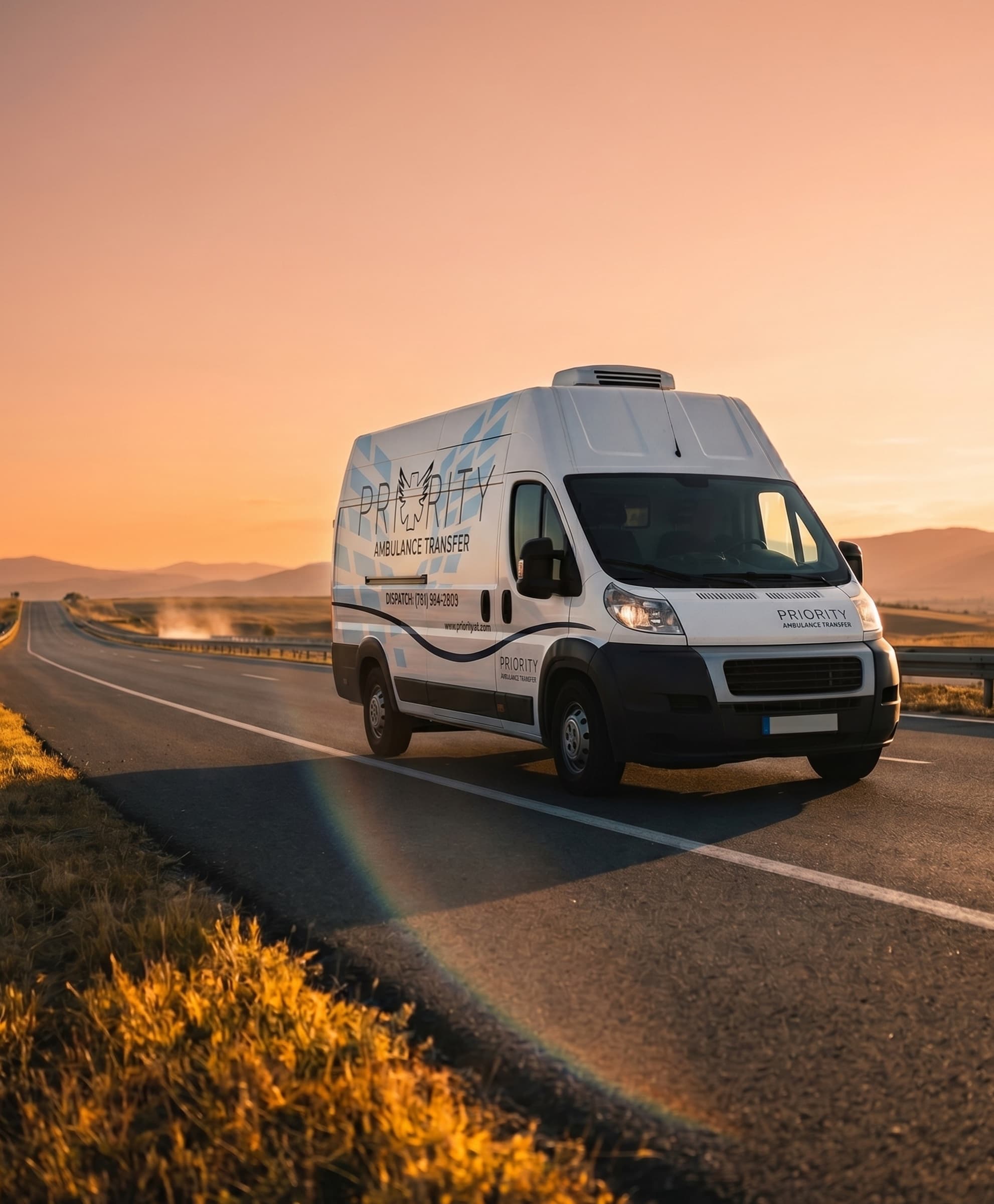 A Priority Ambulance Transfer vehicle on the road during a long-distance transport.