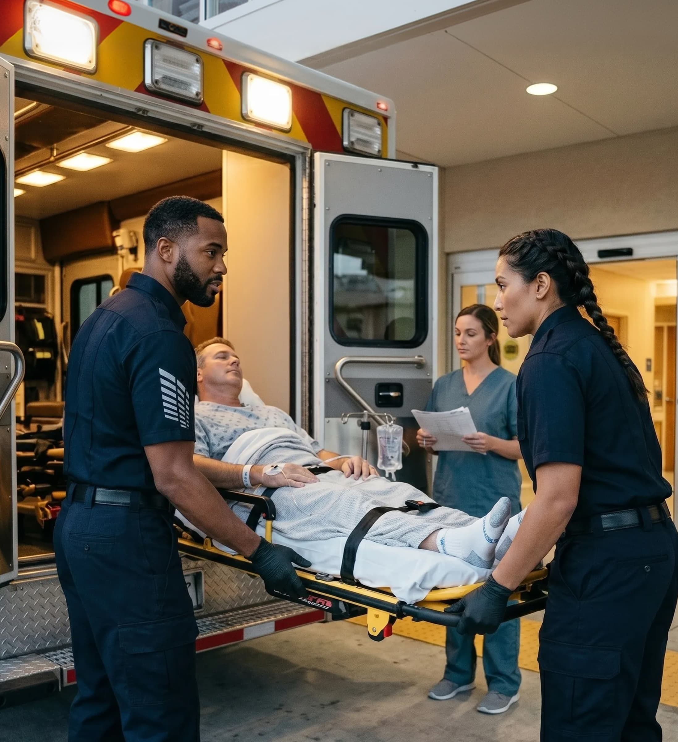 A post-surgical patient being monitored during transport.