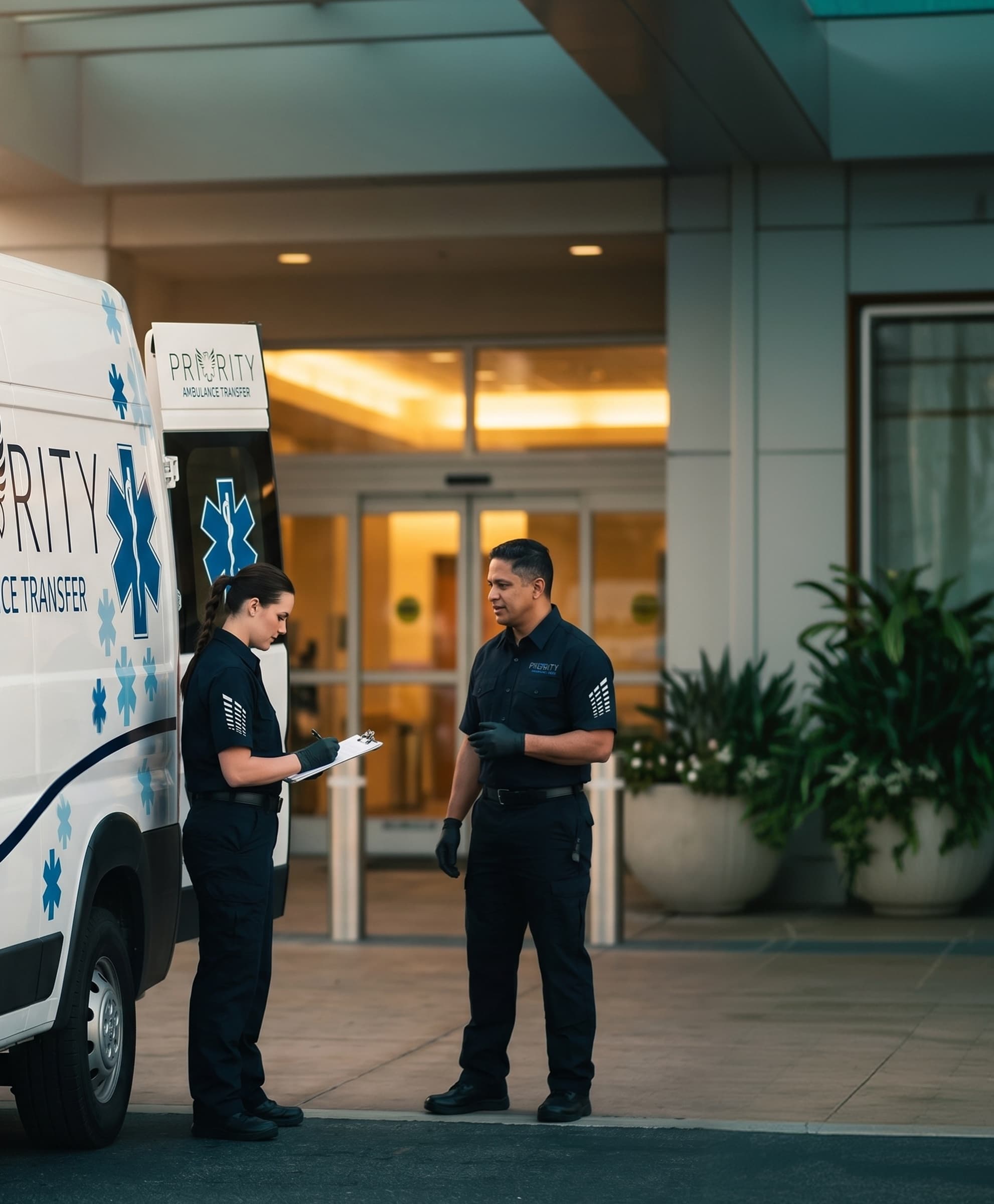 Priority Ambulance Transfer crew members preparing the van transport vehicle for a route.