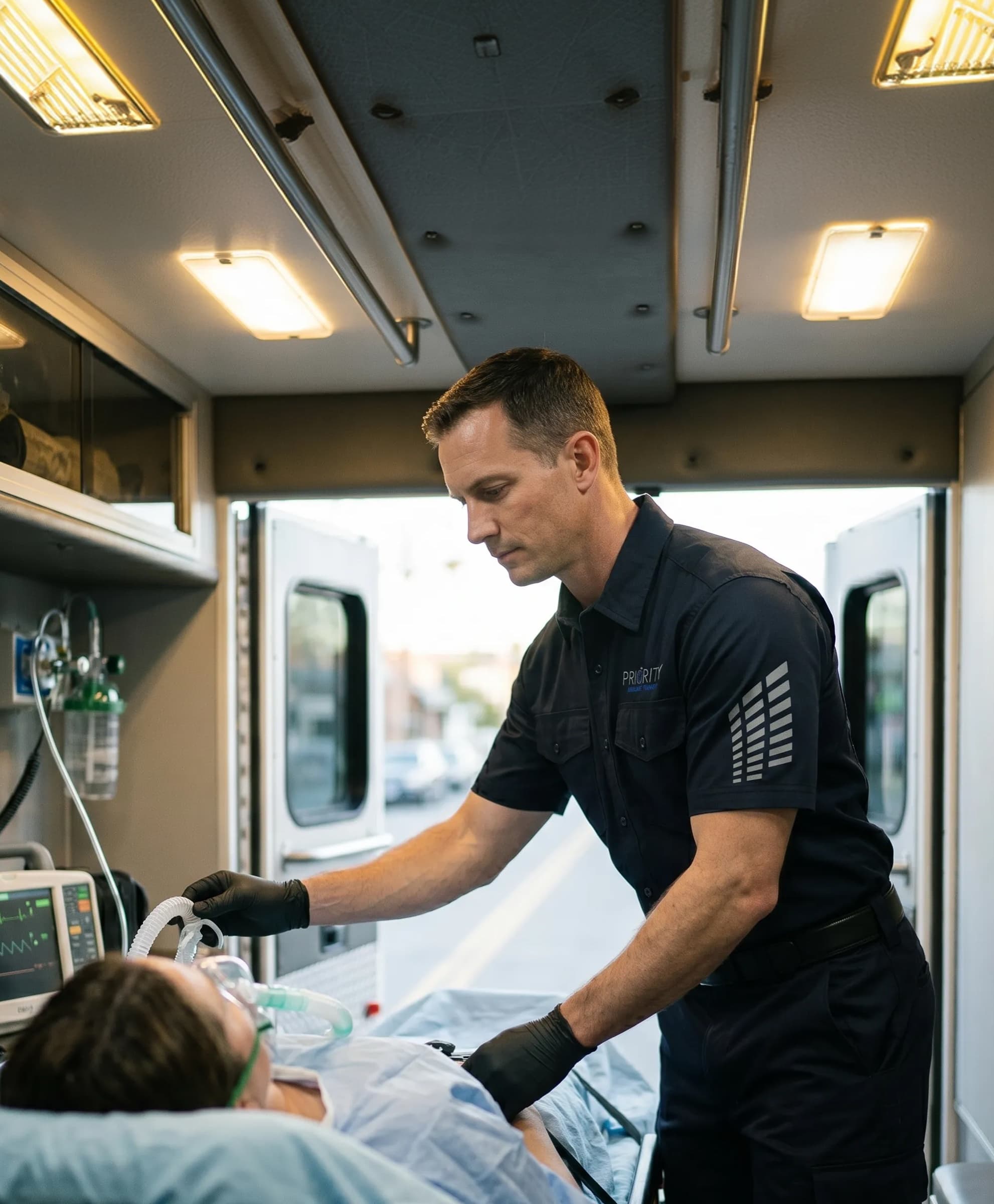 A ventilator-dependent patient in a MICU-equipped transport vehicle.